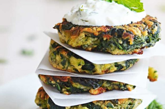 Zucchini, Feta, and Spinach Fritters with Garlic Tzatziki